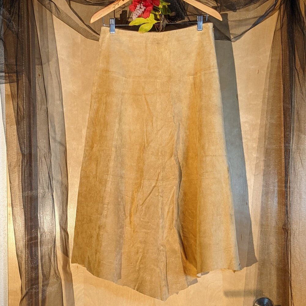 Rem Garson Carmel Tan Asymmetrical Leather Vintage Skirt _Size 8